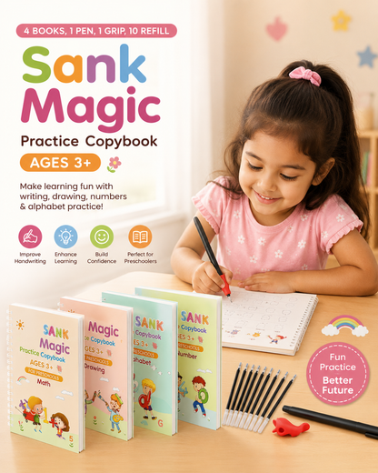 Sank Magic Practice Copybook Set (4 Reusable Books with Magic Pen)