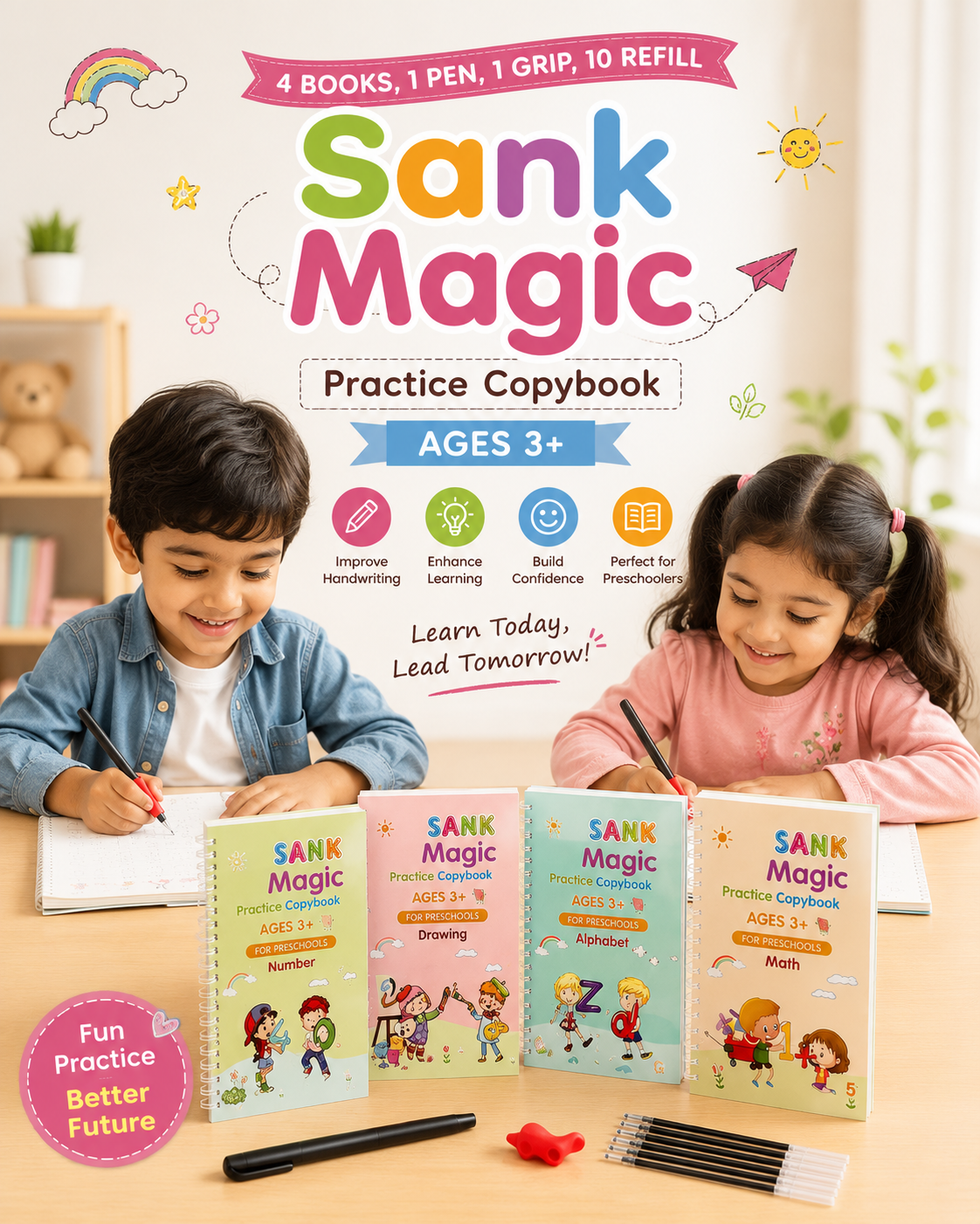 Sank Magic Practice Copybook Set (4 Reusable Books with Magic Pen)