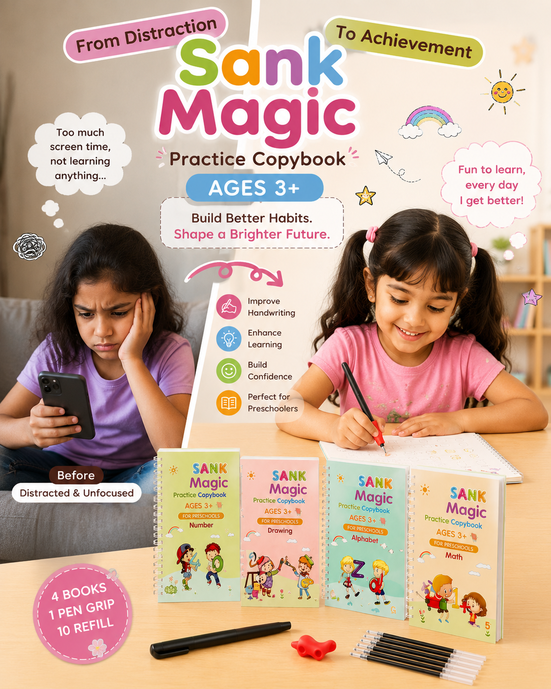 Sank Magic Practice Copybook Set (4 Reusable Books with Magic Pen)
