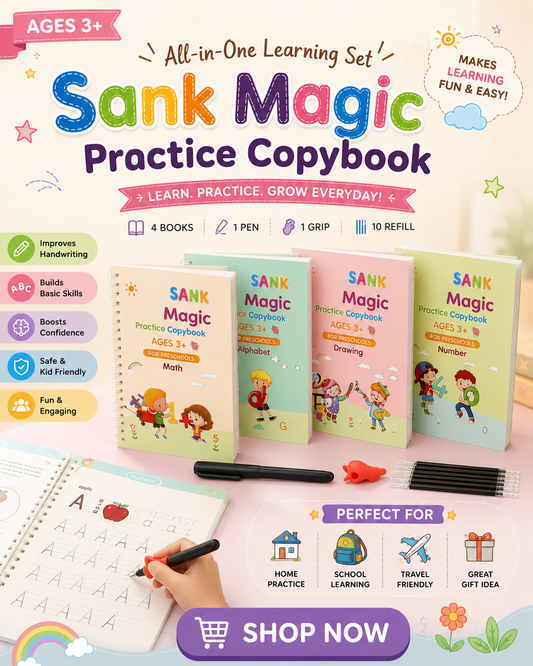 Sank Magic Practice Copybook Set (4 Reusable Books with Magic Pen)