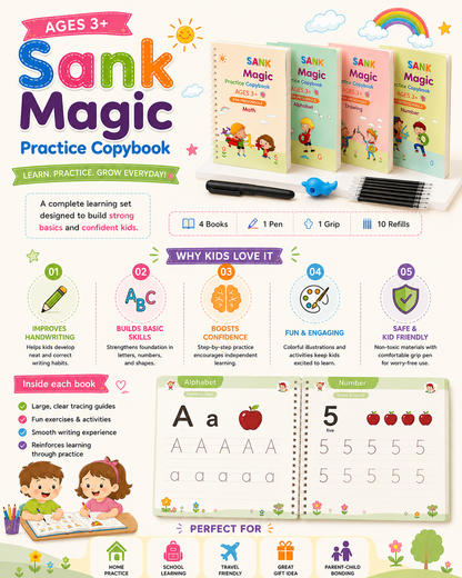 Sank Magic Practice Copybook Set (4 Reusable Books with Magic Pen)