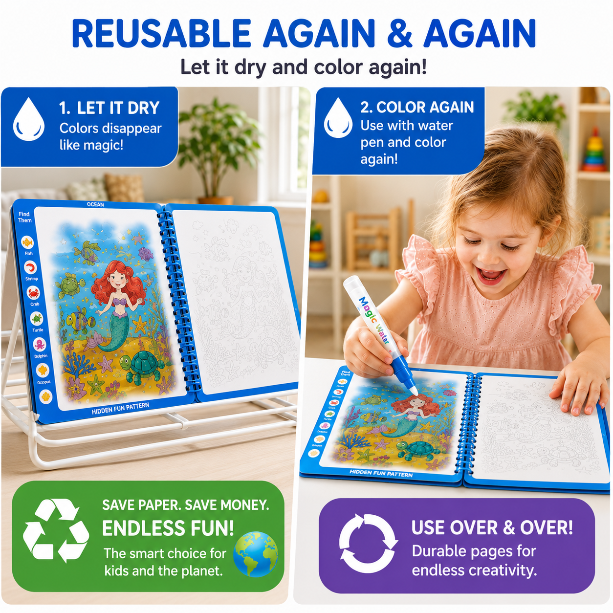 Magic Water Coloring Book Reusable Aqua Painting Books with Water Pen for Toddlers & Kids
