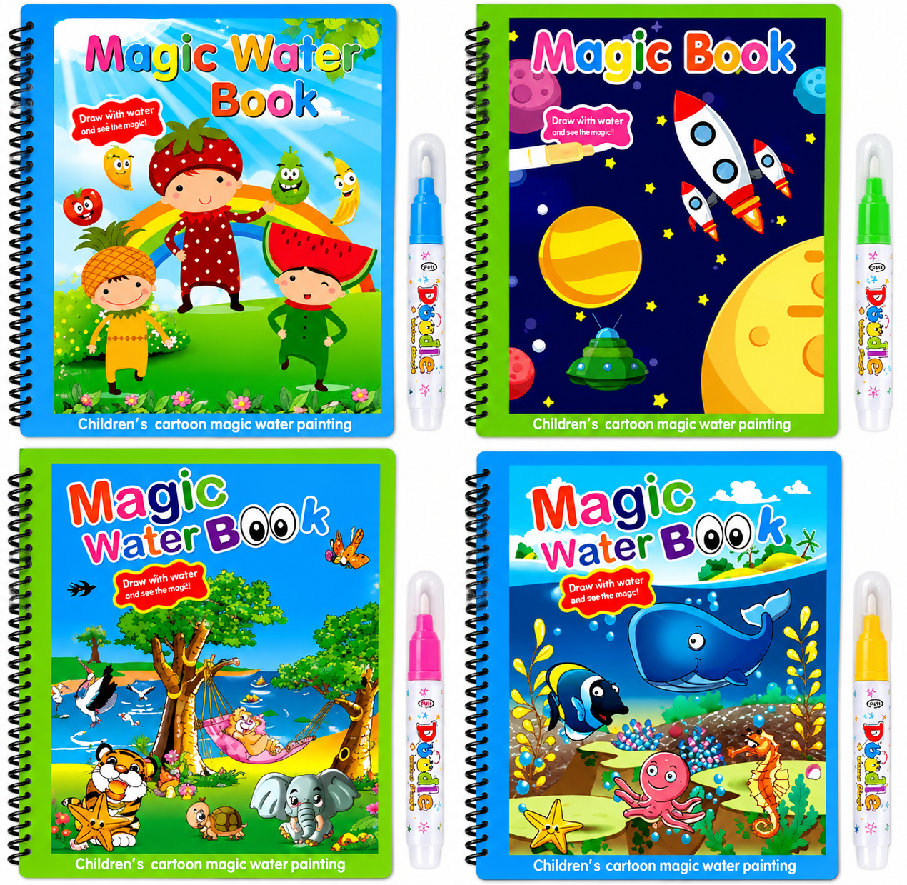 Magic Water Coloring Book Reusable Aqua Painting Books with Water Pen for Toddlers & Kids