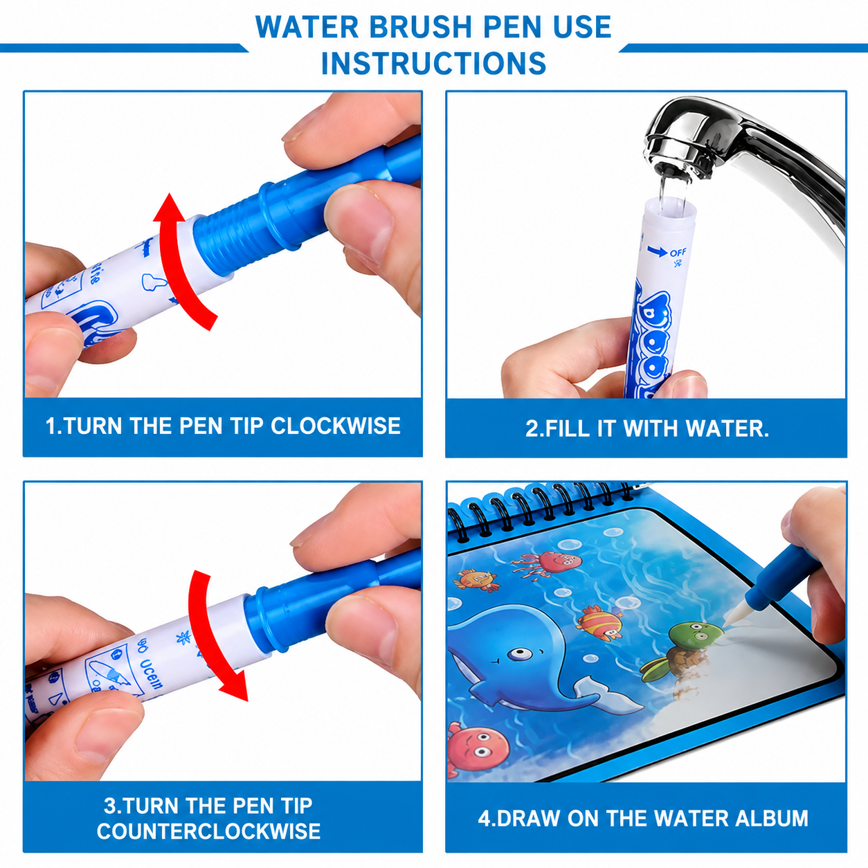 Magic Water Coloring Book Reusable Aqua Painting Books with Water Pen for Toddlers & Kids