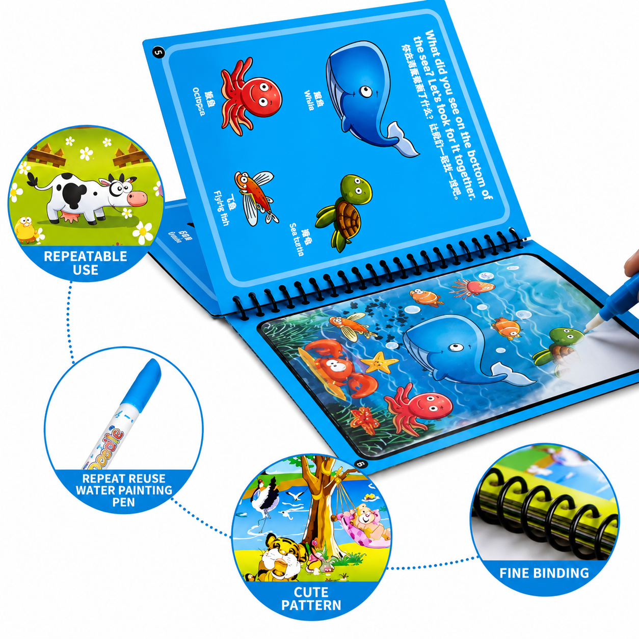 Magic Water Coloring Book Reusable Aqua Painting Books with Water Pen for Toddlers & Kids